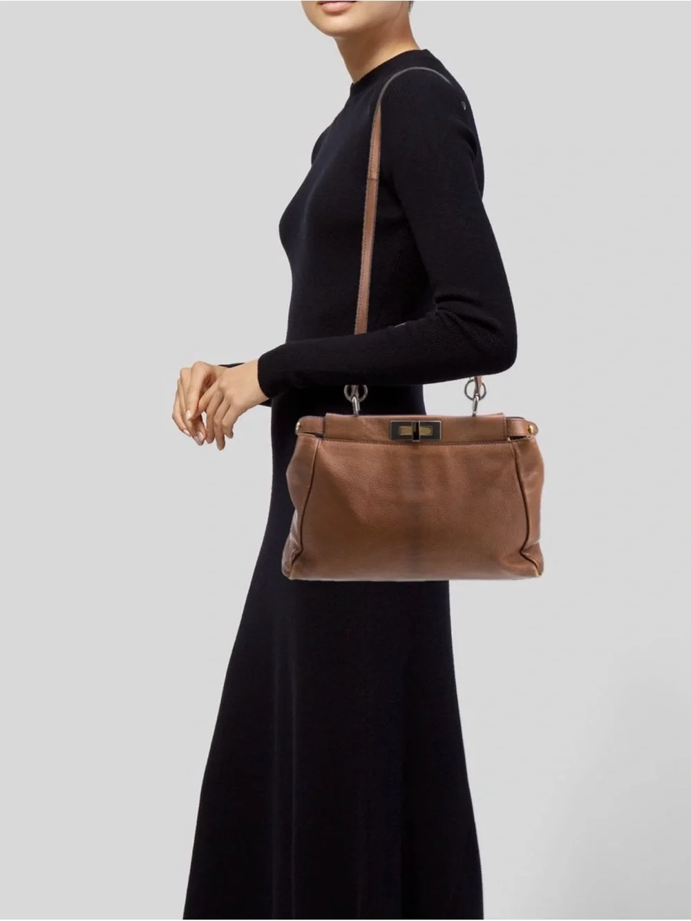 Fendi Brown Leather Peekaboo Medium Satchel with Leopard-Print Flower Interior